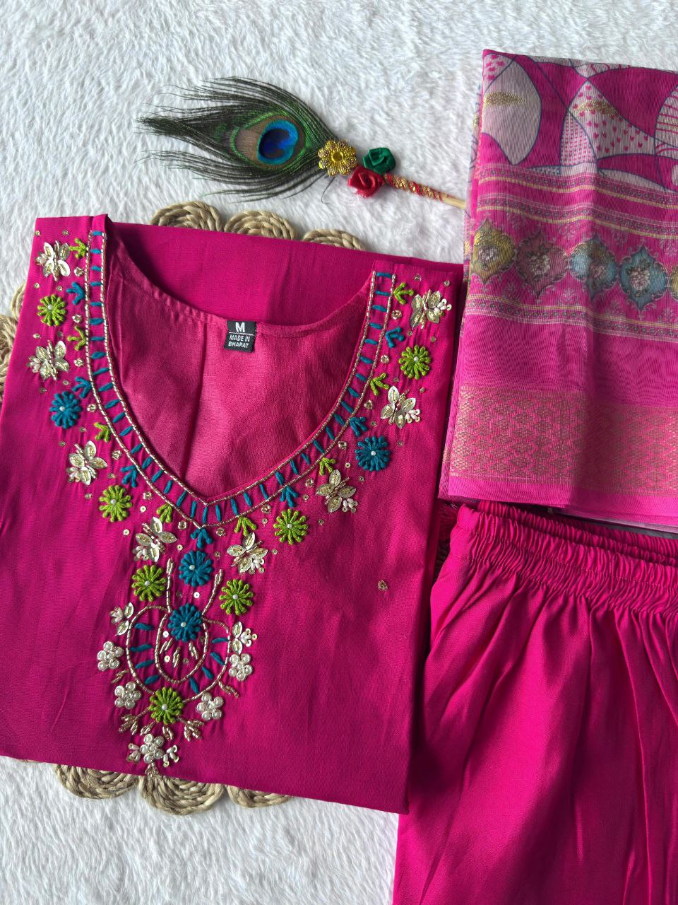 Magenta Roman Silk Kurta Set with Hand Work and Dupatta
