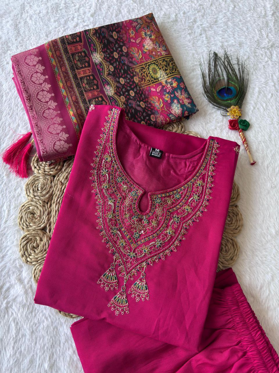 Lorenvalley Fashion Magenta Roman Silk Embroidery Multi Work Kurta Pant with Dupatta