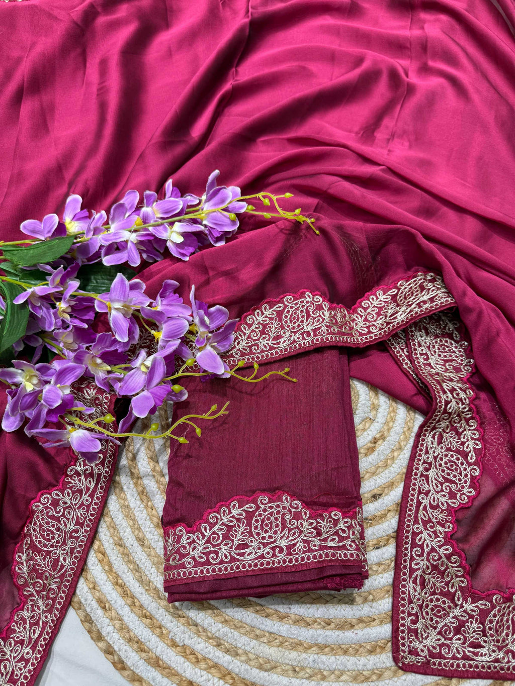 Lorenvalley Fashion Dark Magenta Rangoli Silk with Coding Lace Work Saree with Blouse