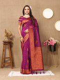Magenta soft silk saree with copper zari woven patterns