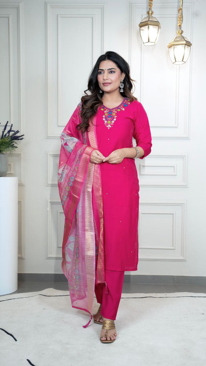Magenta Roman Silk kurta pant set with intricate hand work and matching dupatta