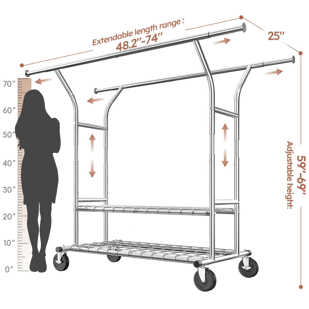 Raybee 74" Heavy Duty Clothes Rack w/ Wheels, Double Rod Adjustable Garment Rack 630LB