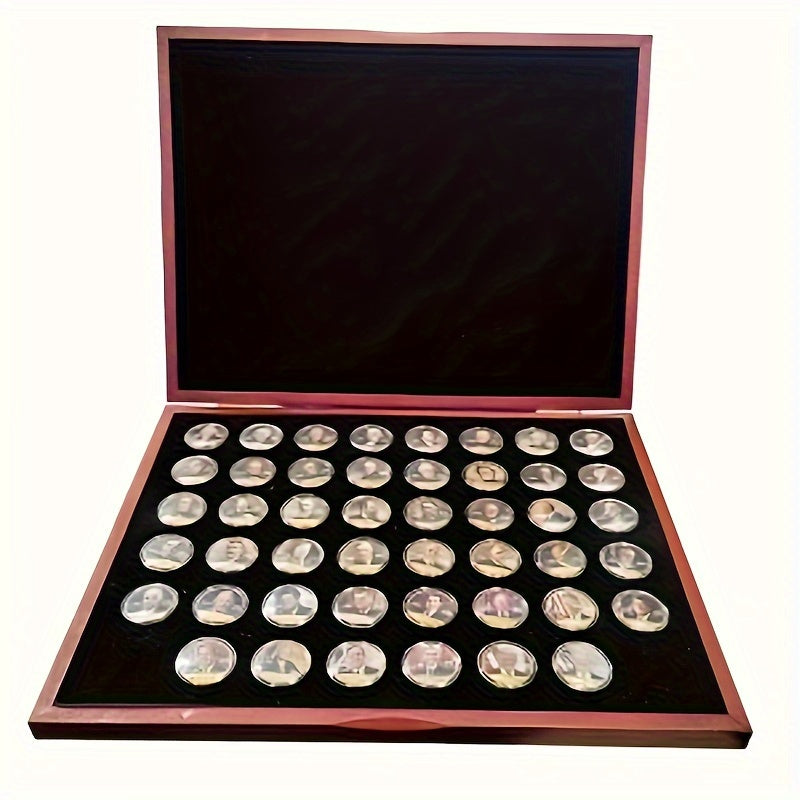 46-piece replica US commemorative coin collection in a brown and black display case