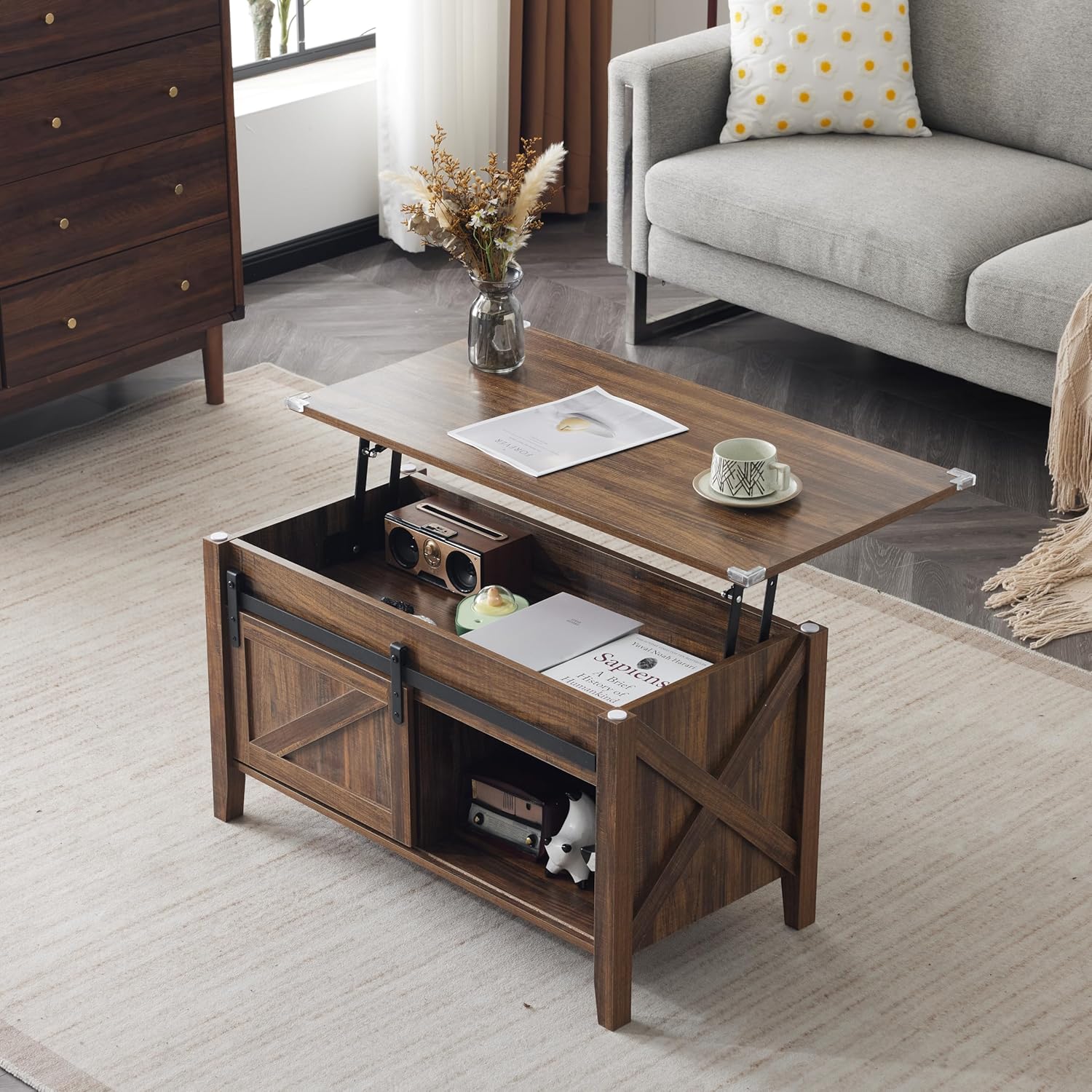 36-Inch Lift-Top Coffee Table with Hidden Storage and Sliding Barn