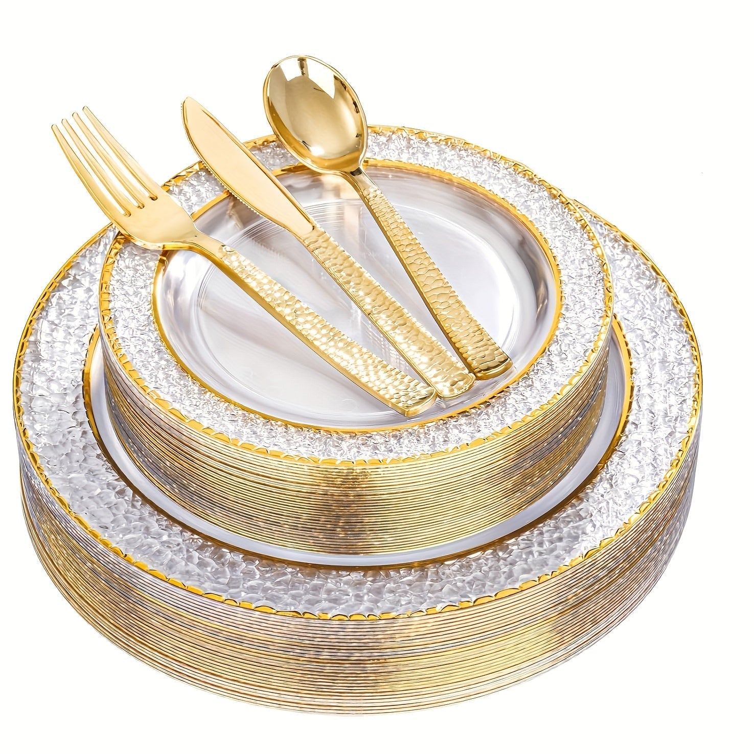 50PCS Clear Plastic Dinnerware Set with Gold Accents for Parties