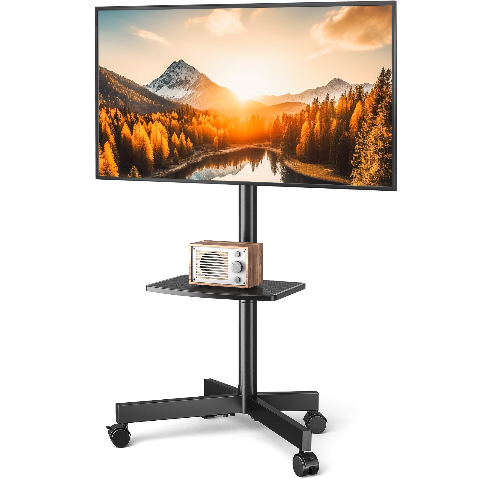 A mobile rolling TV cart stand with a shelf for 23-60 inch televisions