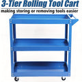 Industrial blue 3-tier steel rolling utility cart with an ergonomic handle, perfect for garage or workshop storage.