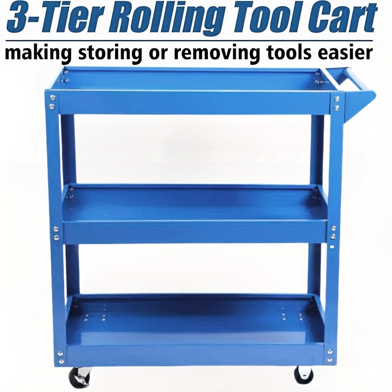 Industrial blue 3-tier steel rolling utility cart with an ergonomic handle, perfect for garage or workshop storage.