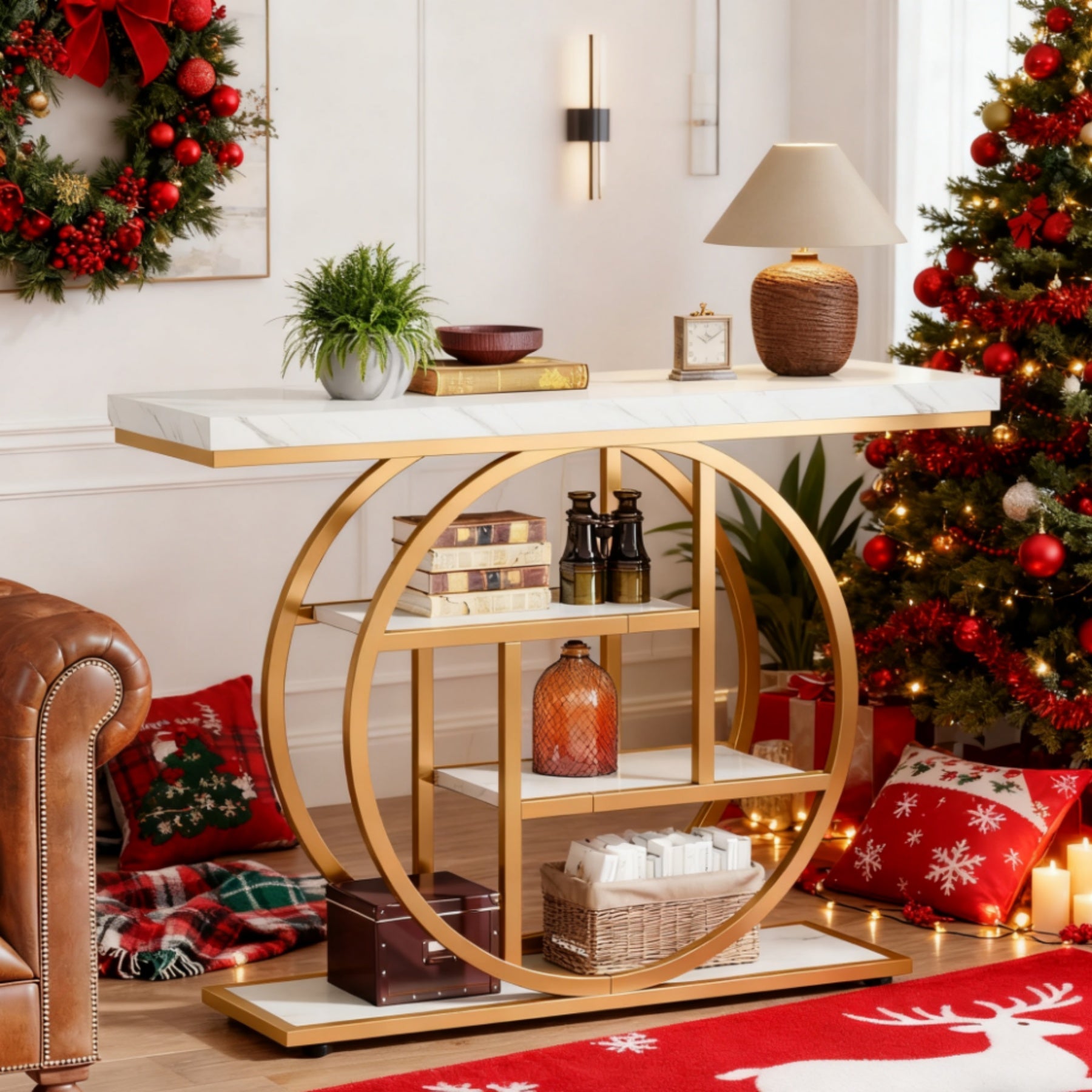Luxury Gold Console Table with Marble Top Modern Entryway Table
