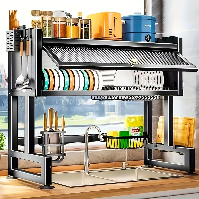 Modern black over-sink dish drying rack with clamshell door and utensil hooks