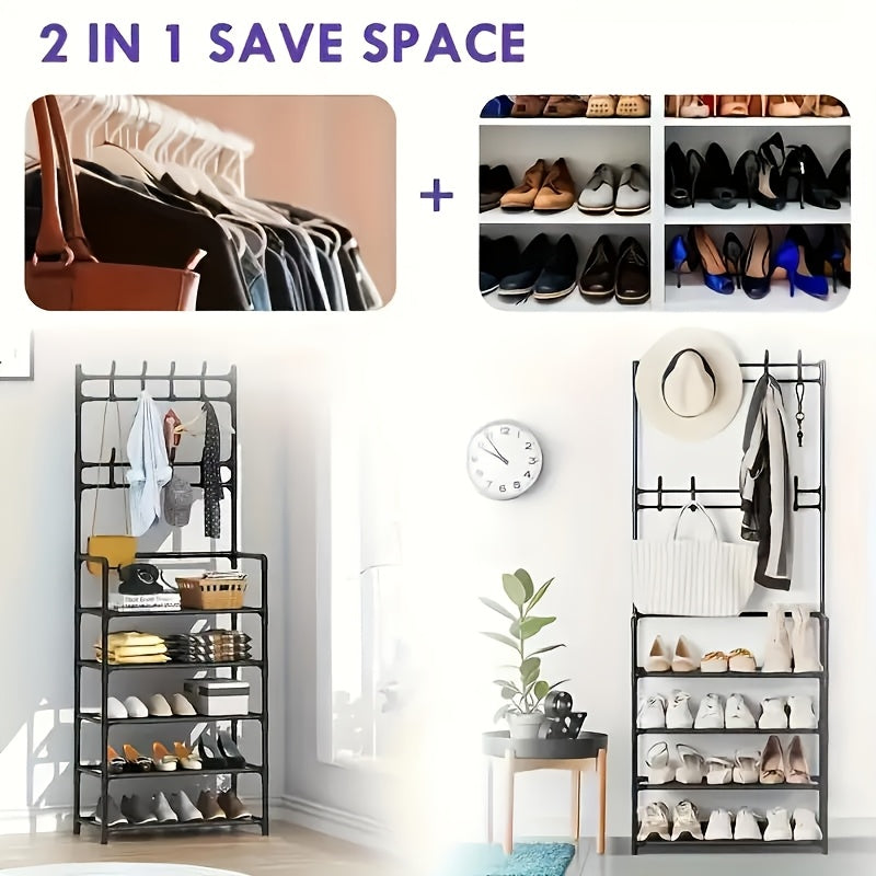 2-in-1 Entryway Organizer: 5-Tier Shoe Rack and Coat Hanger Combo