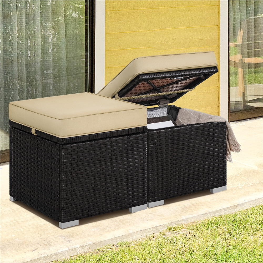 2-Piece Rattan Storage Ottoman Set with Cushions for Patio Garden