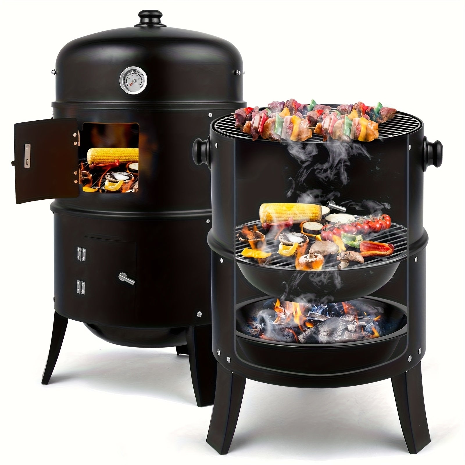 3-in-1 Portable Charcoal Smoker Grill and Outdoor BBQ Fire Pit
