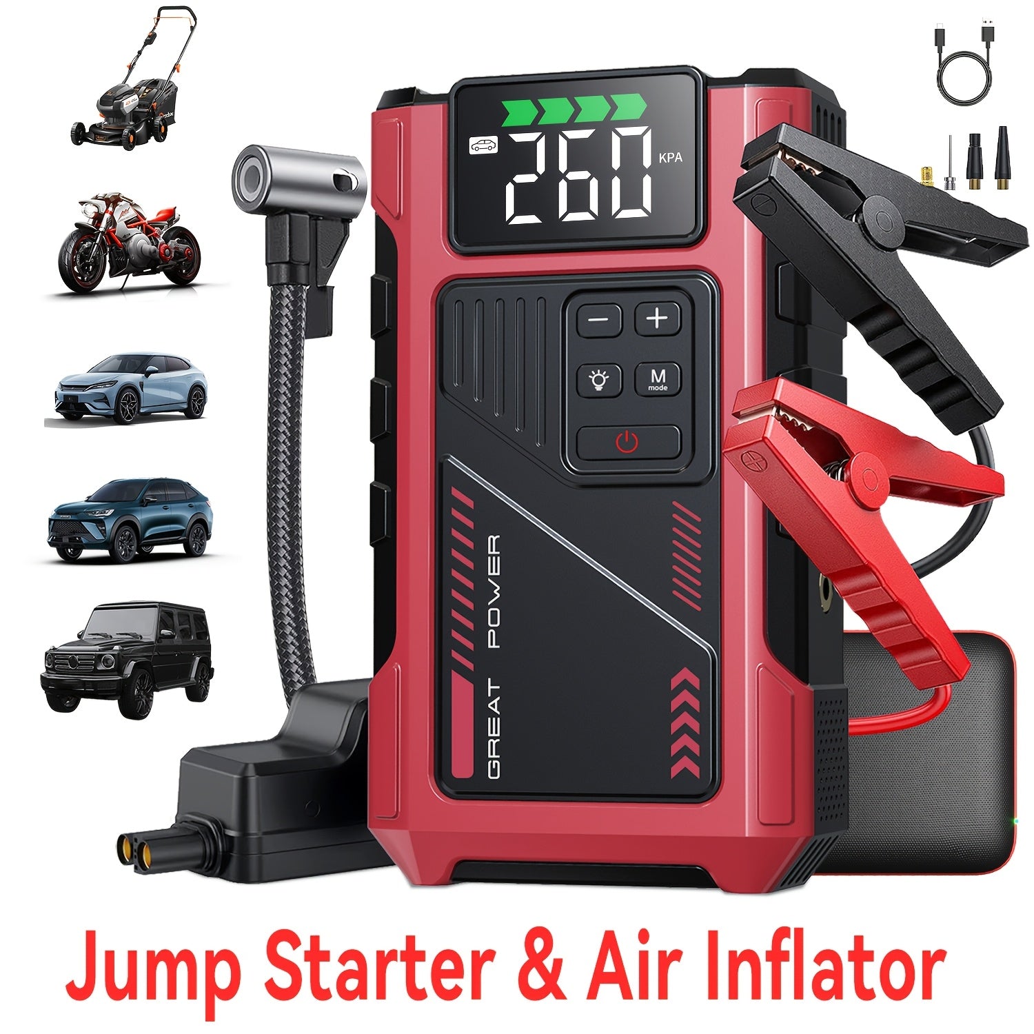 9-in-1 Portable Jump Starter and Air Compressor for 12V Vehicles