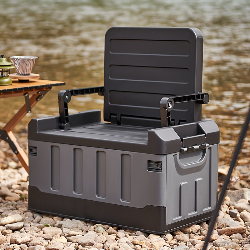 Foldable grey and black camping stool with ergonomic backrest and integrated storage bag