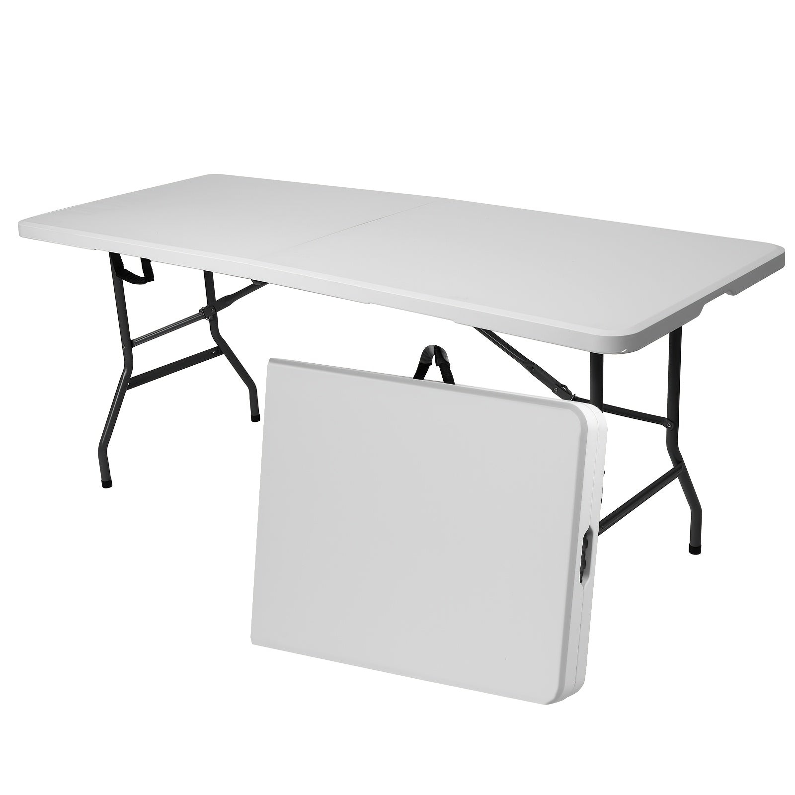 A portable 4ft/6ft plastic folding table shown in an indoor and outdoor dining setting.