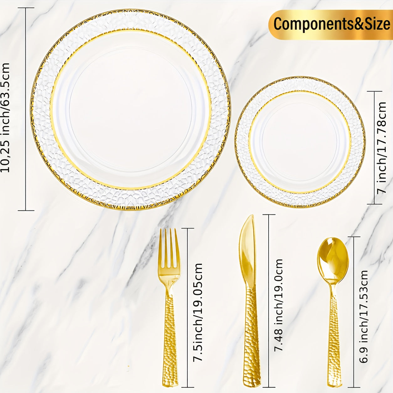 50PCS Clear Plastic Dinnerware Set with Gold Accents for Parties