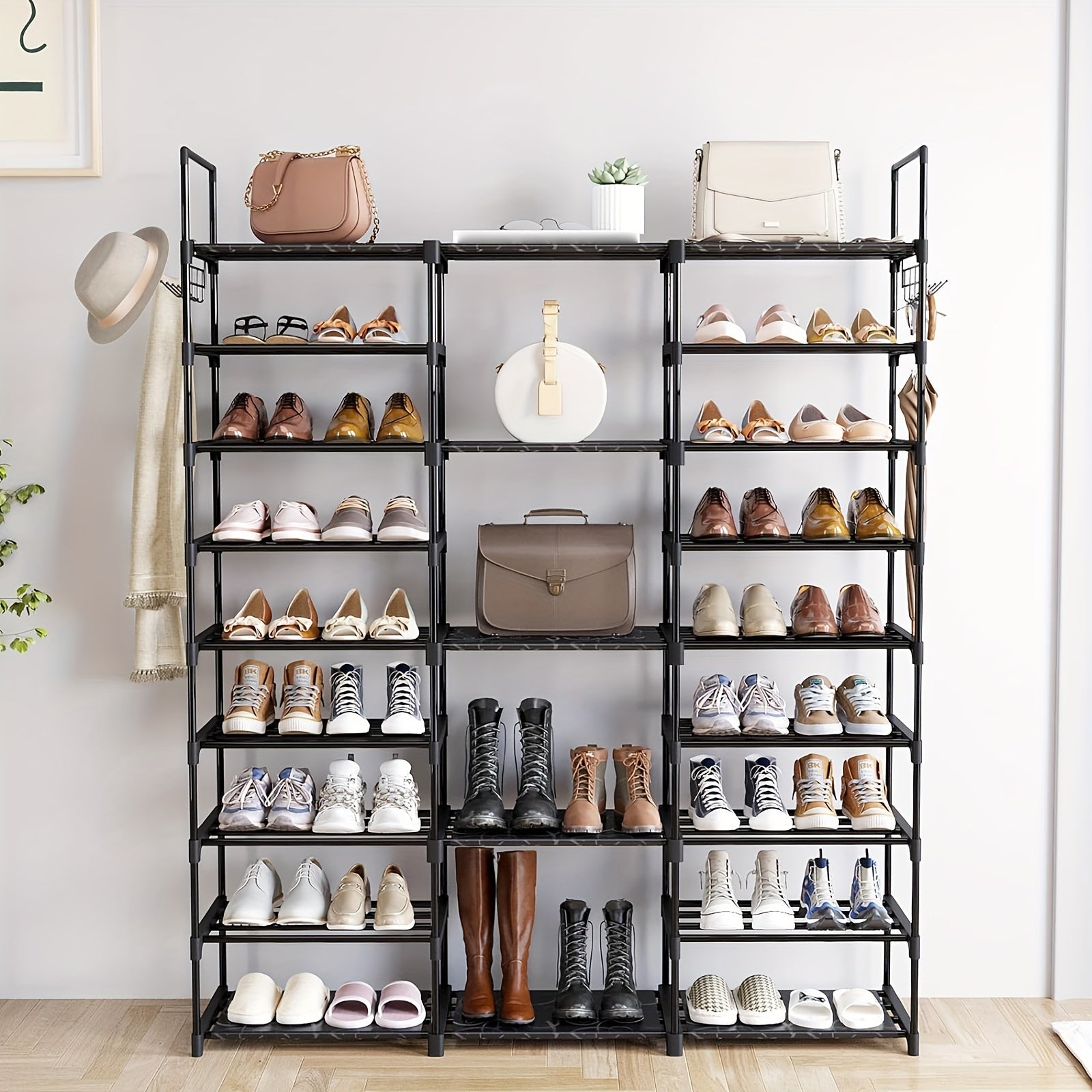 Multi-Layer Shoe Rack Organizer with Hooks - Large Capacity Shelf