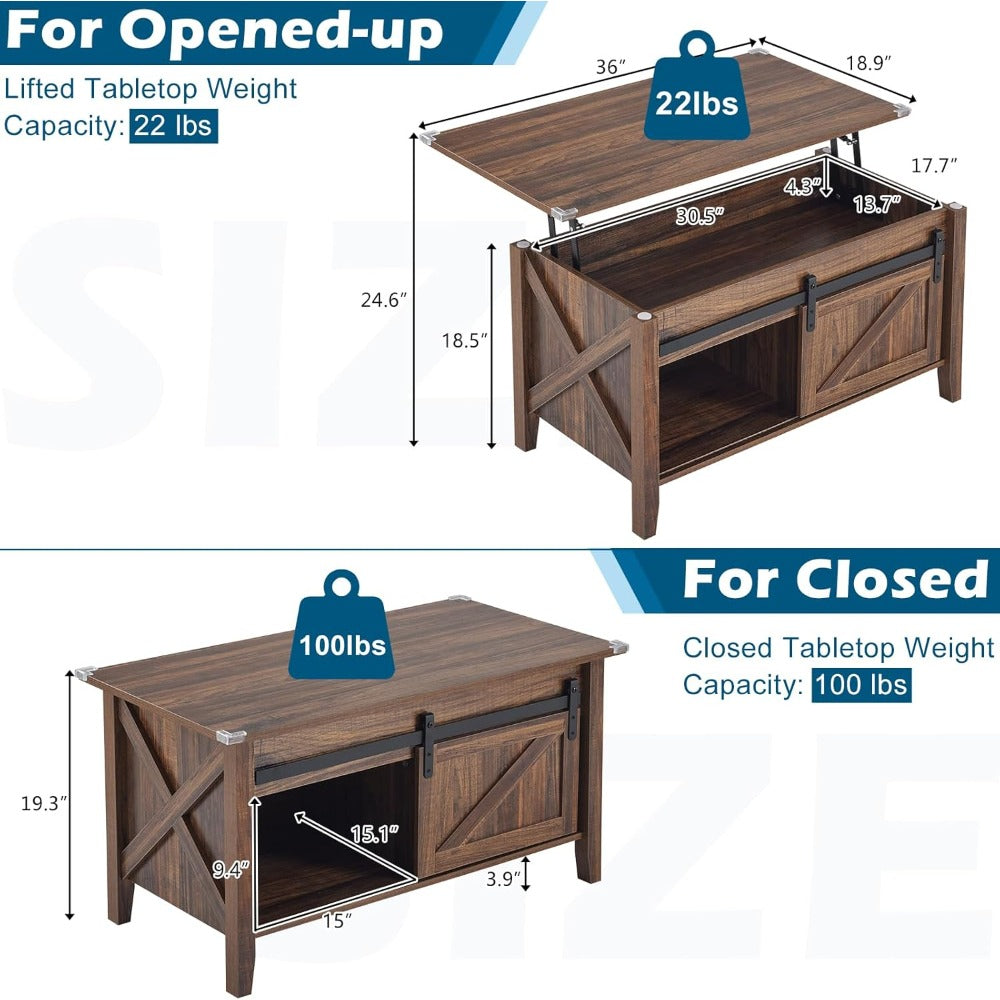 36-Inch Lift-Top Coffee Table with Hidden Storage and Sliding Barn