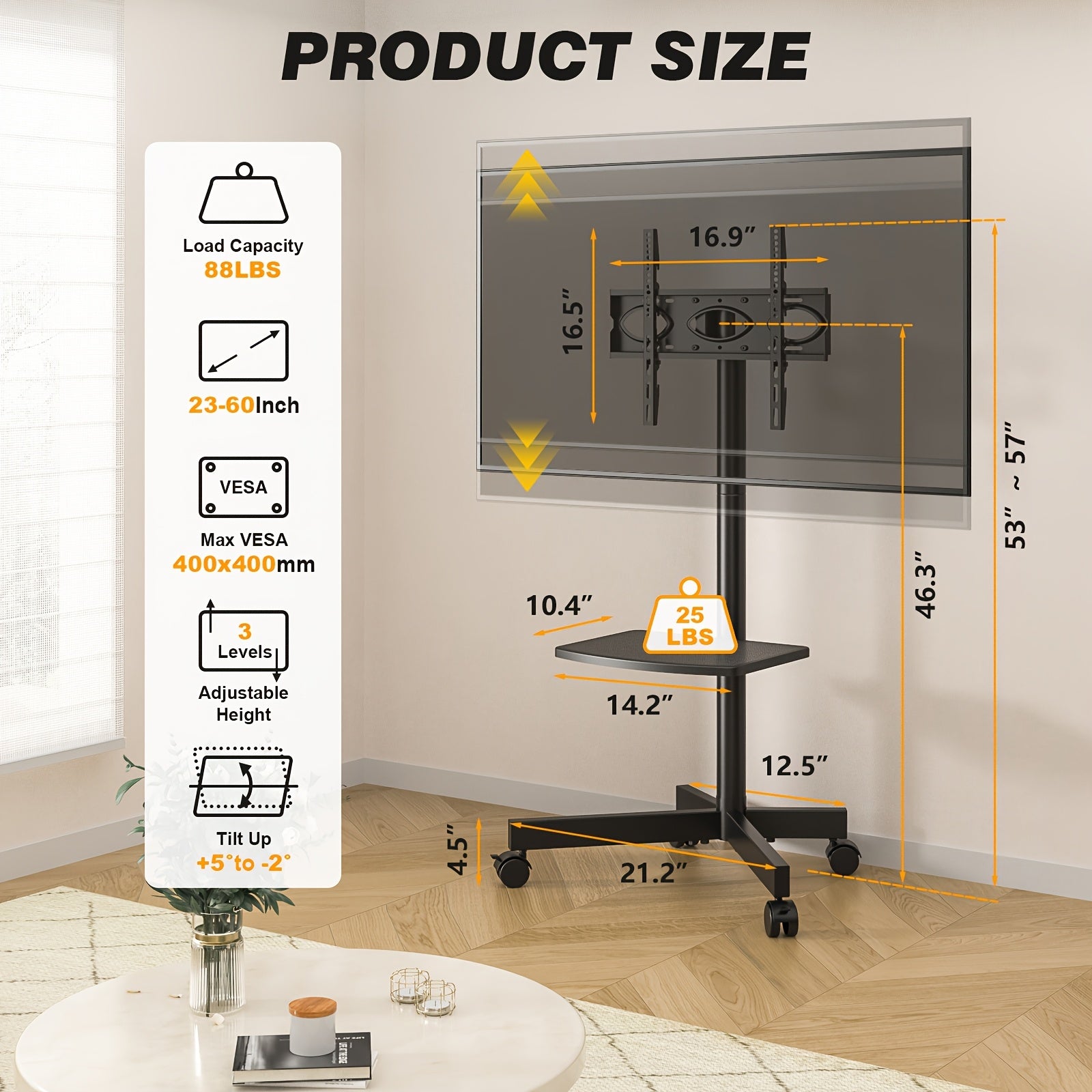 Mobile TV Cart Stand 23-60 Inch Rolling TV Stand with Shelf
