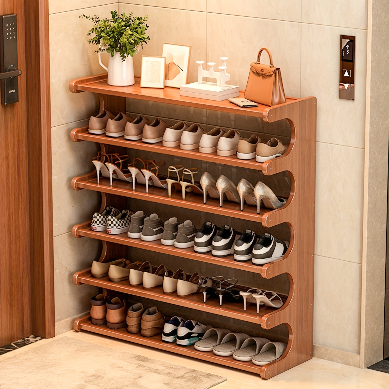 5-tier brown bamboo shoe rack organizer in a minimalist entryway setting