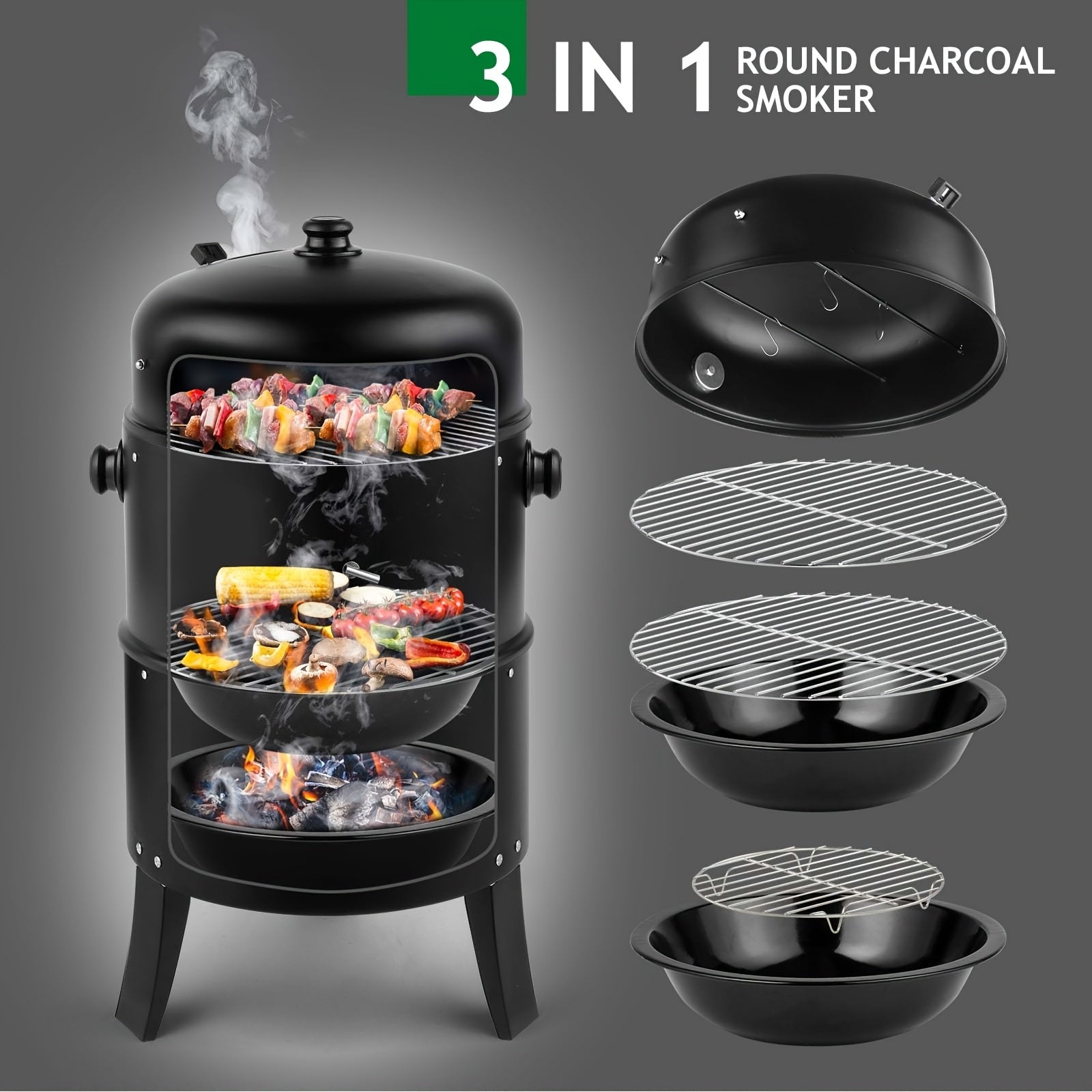 3-in-1 Portable Charcoal Smoker Grill and Outdoor BBQ Fire Pit