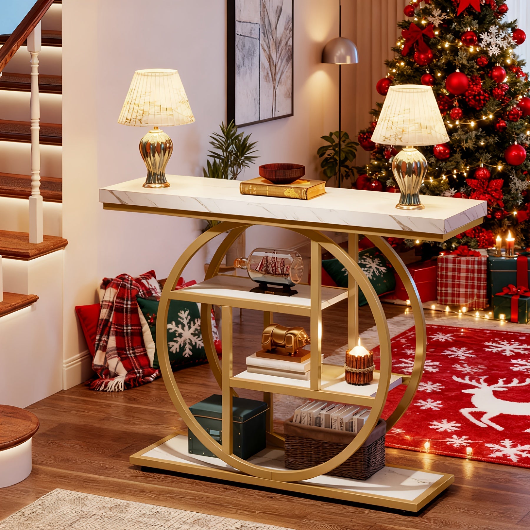 Luxury Gold Console Table with Marble Top Modern Entryway Table
