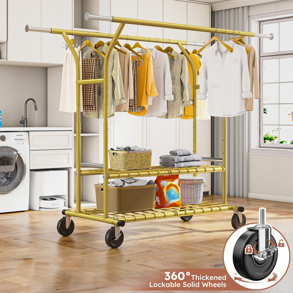 Raybee 74" Heavy Duty Clothes Rack w/ Wheels, Double Rod Adjustable Garment Rack 630LB