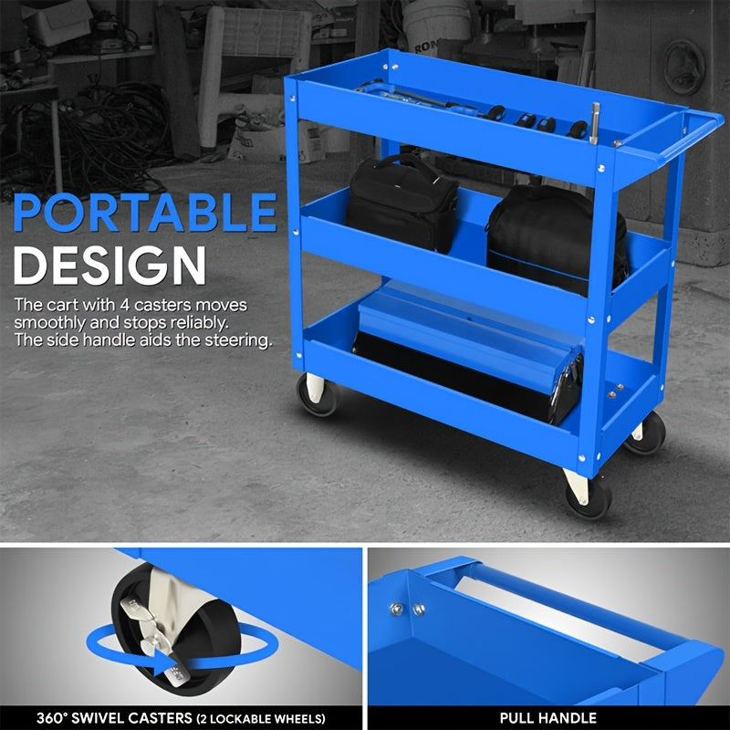 3-Tier Rolling Tool Cart, Industrial Steel Utility Storage