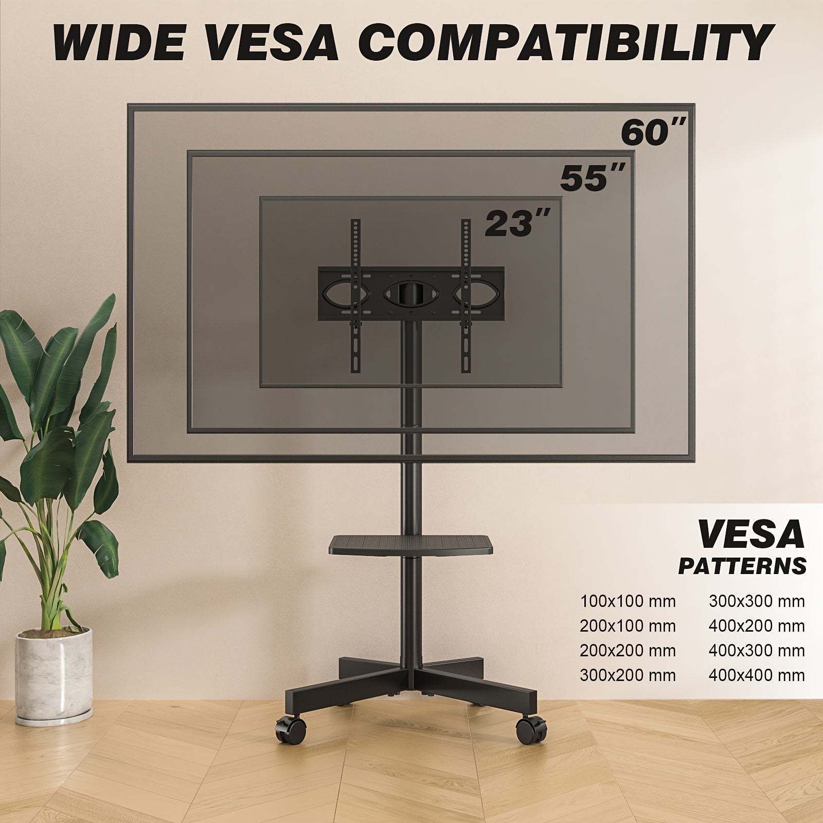 Mobile TV Cart Stand 23-60 Inch Rolling TV Stand with Shelf