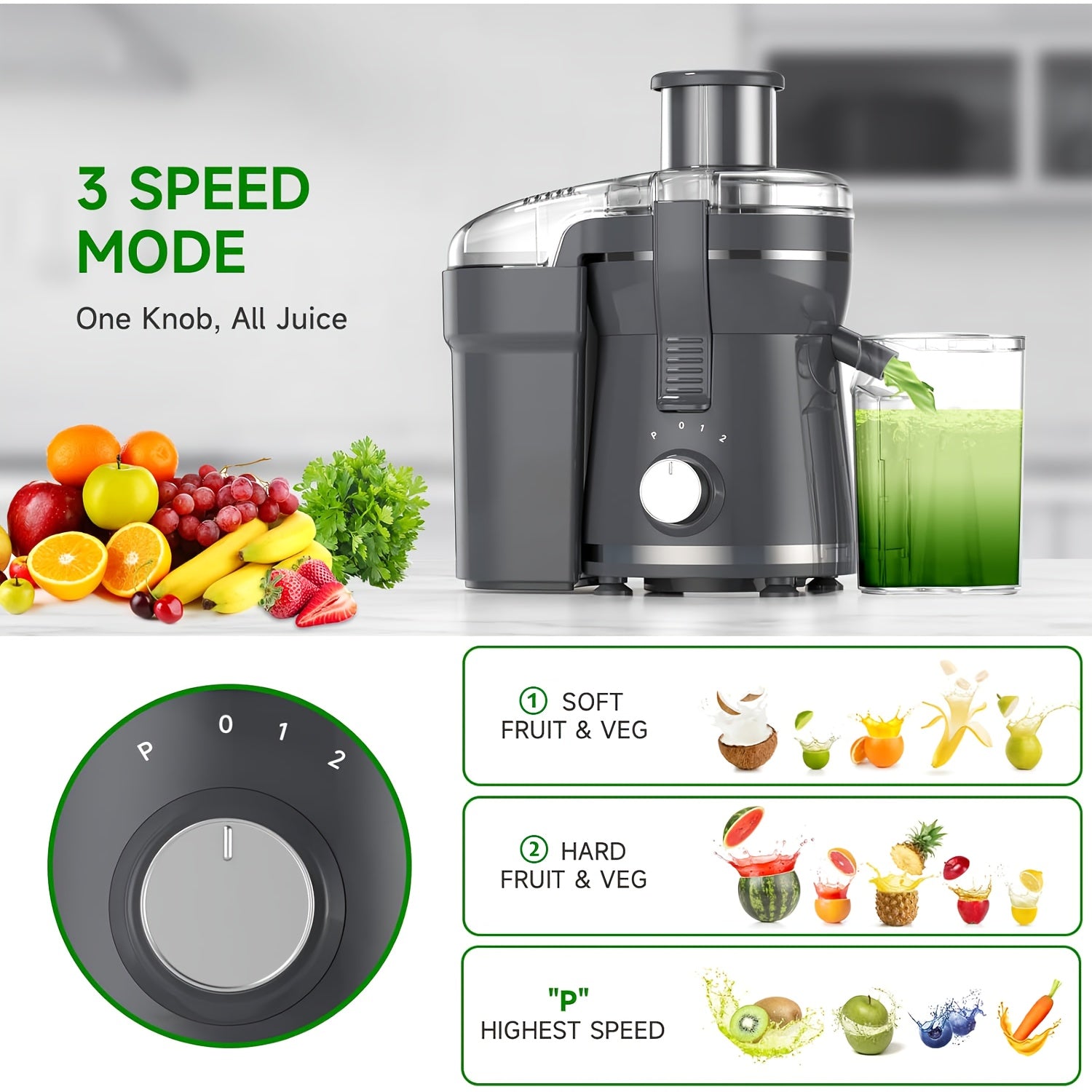 500W Centrifugal Juicer Machine, 3-Speed Fruit & Vegetable Extractor