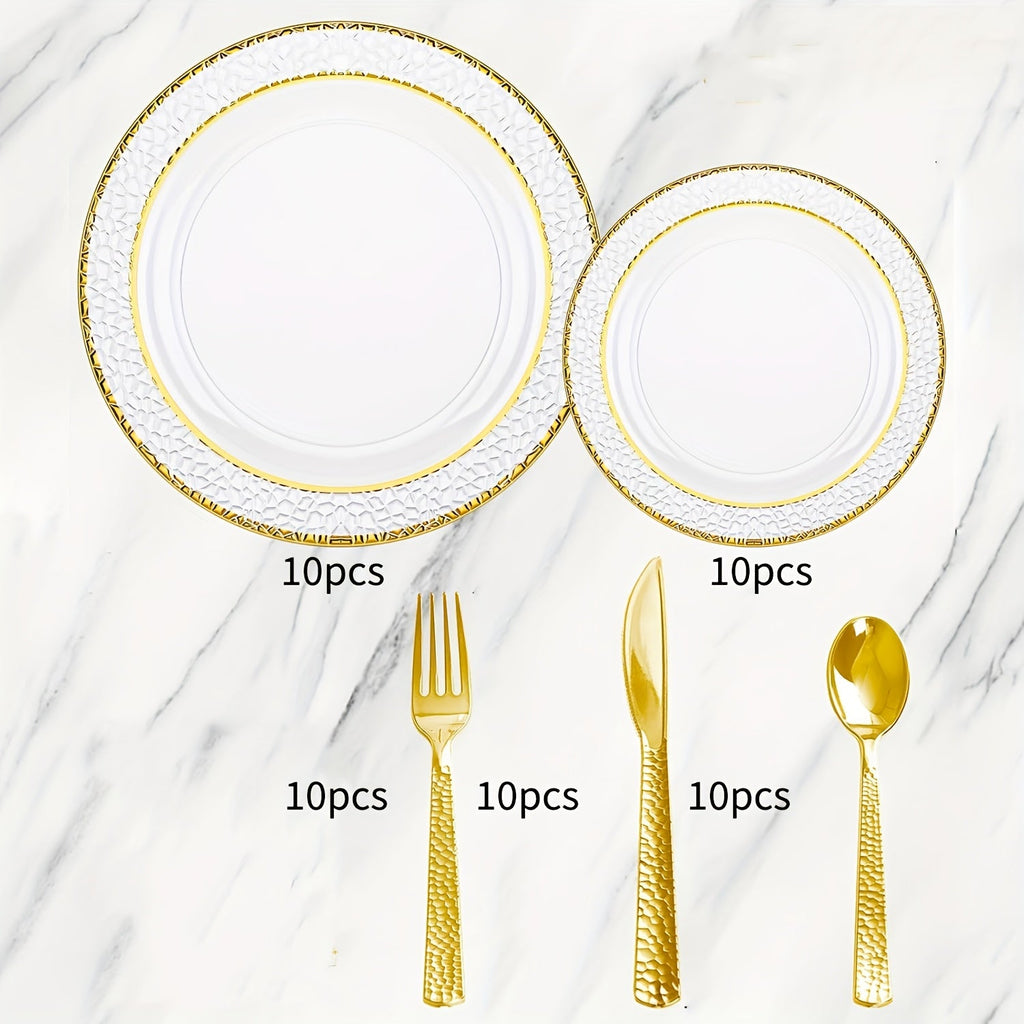 50PCS Clear Plastic Dinnerware Set with Gold Accents for Parties