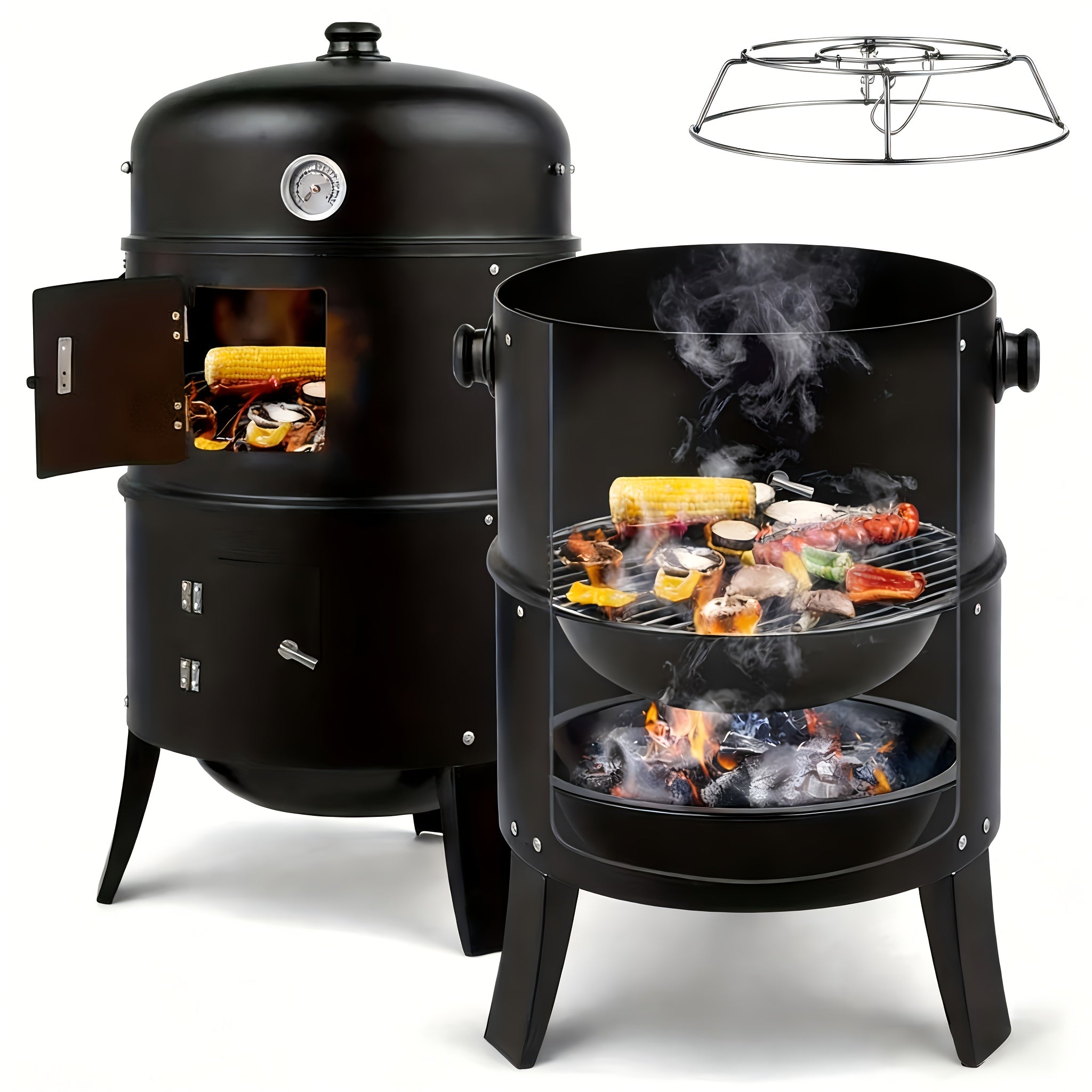 3-in-1 Portable Charcoal Smoker Grill and Outdoor BBQ Fire Pit
