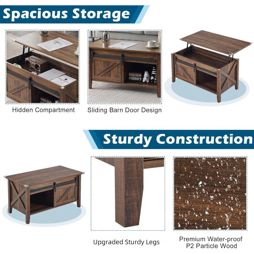 36-Inch Lift-Top Coffee Table with Hidden Storage and Sliding Barn