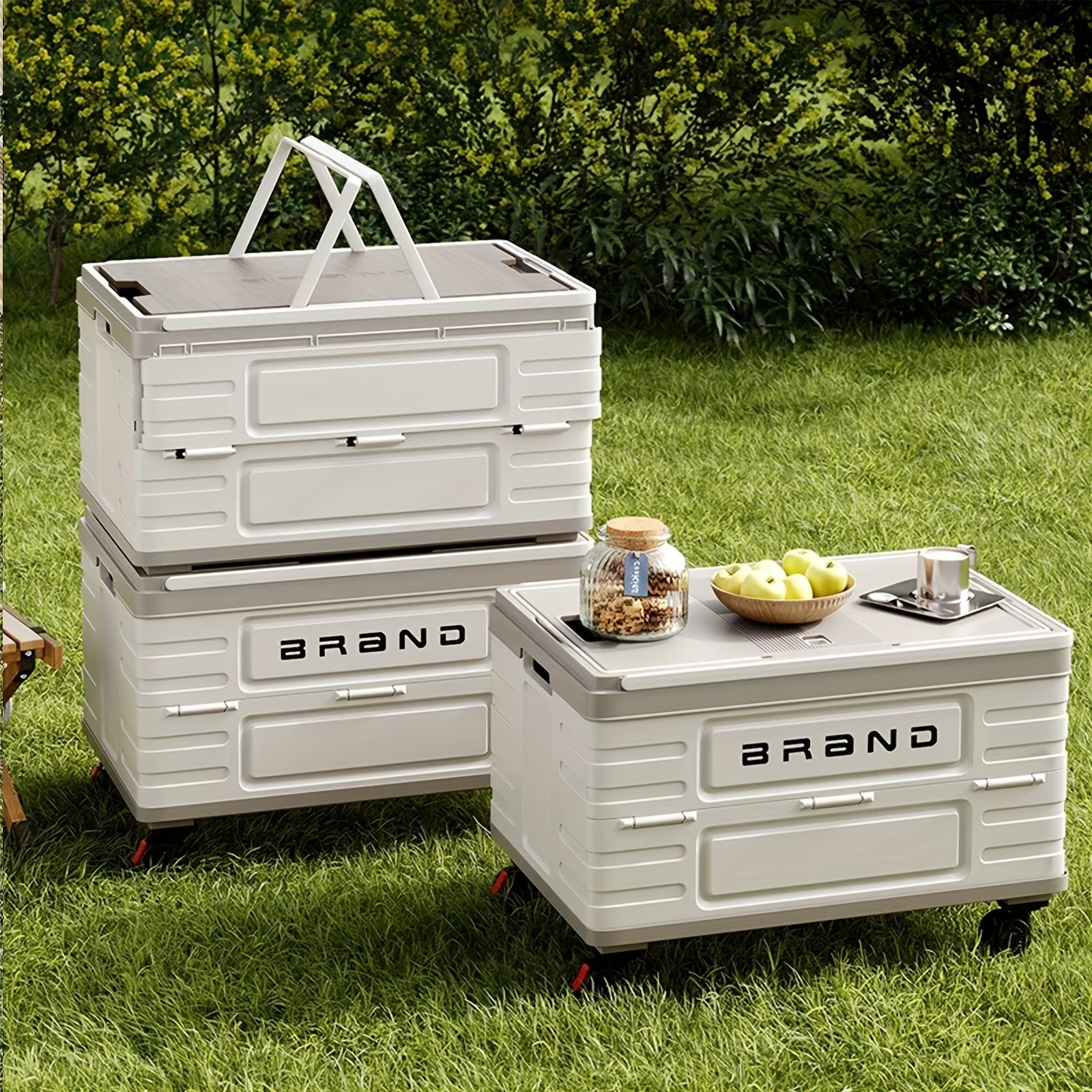 Foldable plastic storage box with lid and wheels, shown in a closed, portable configuration.