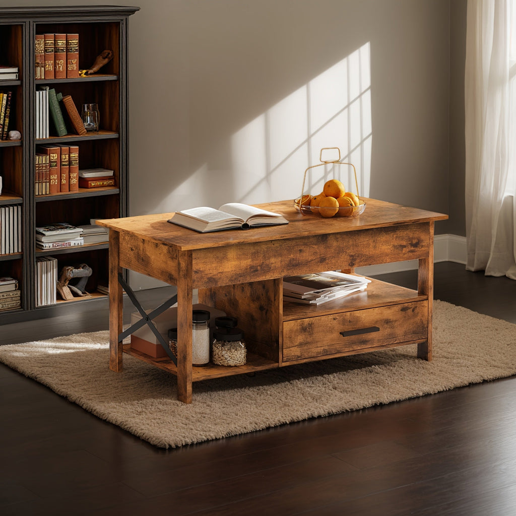 Lift Top Coffee Table with Hidden Storage and Retro Wood Finish