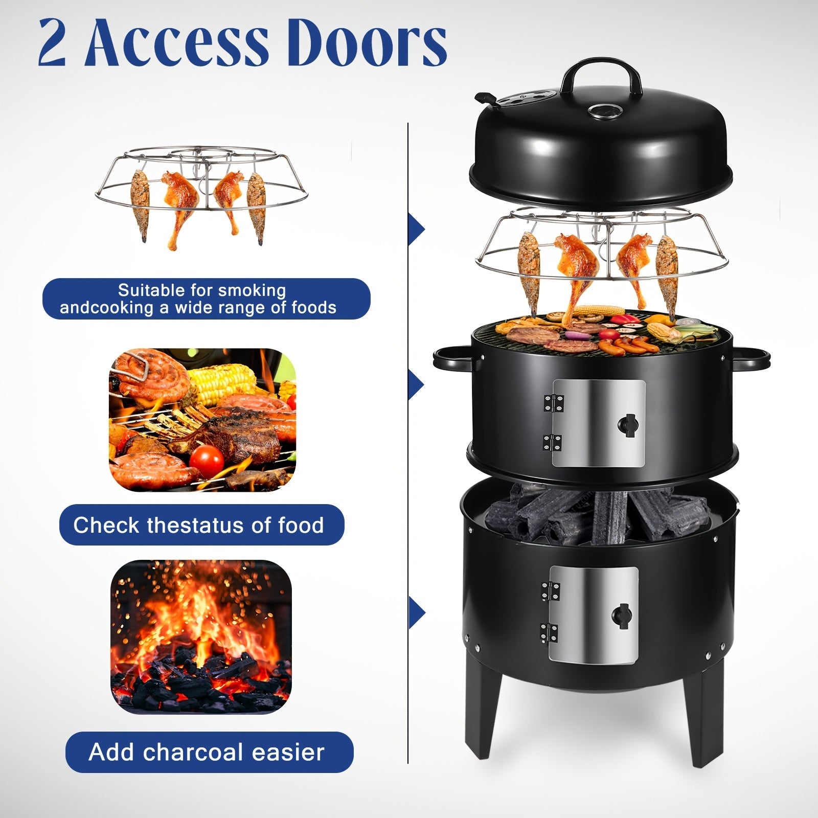 3-in-1 Portable Charcoal Smoker Grill and Outdoor BBQ Fire Pit