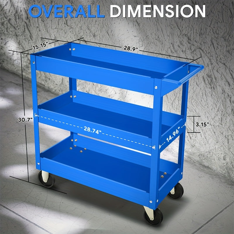 3-Tier Rolling Tool Cart, Industrial Steel Utility Storage