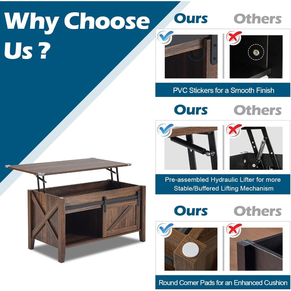 36-Inch Lift-Top Coffee Table with Hidden Storage and Sliding Barn