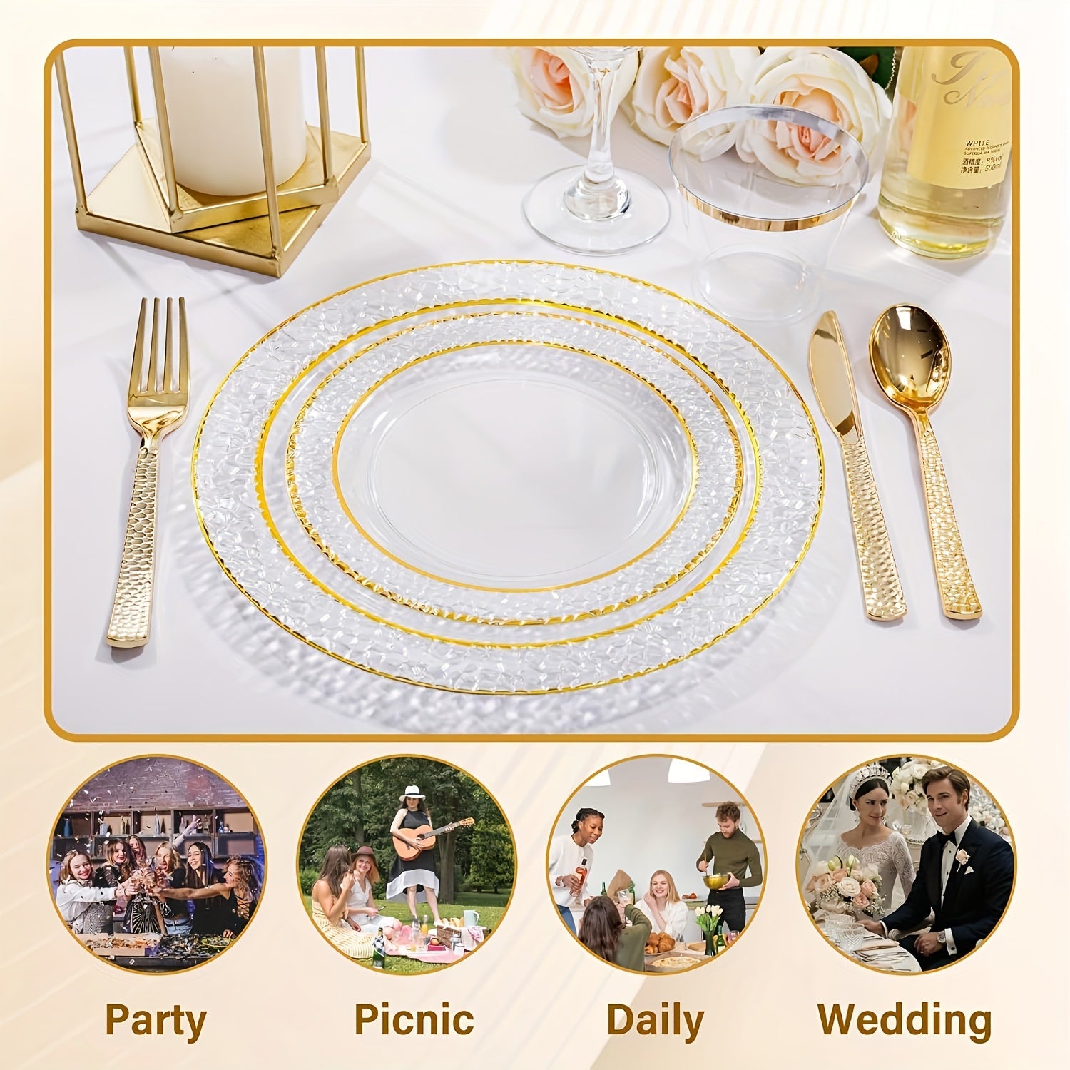 50PCS Clear Plastic Dinnerware Set with Gold Accents for Parties