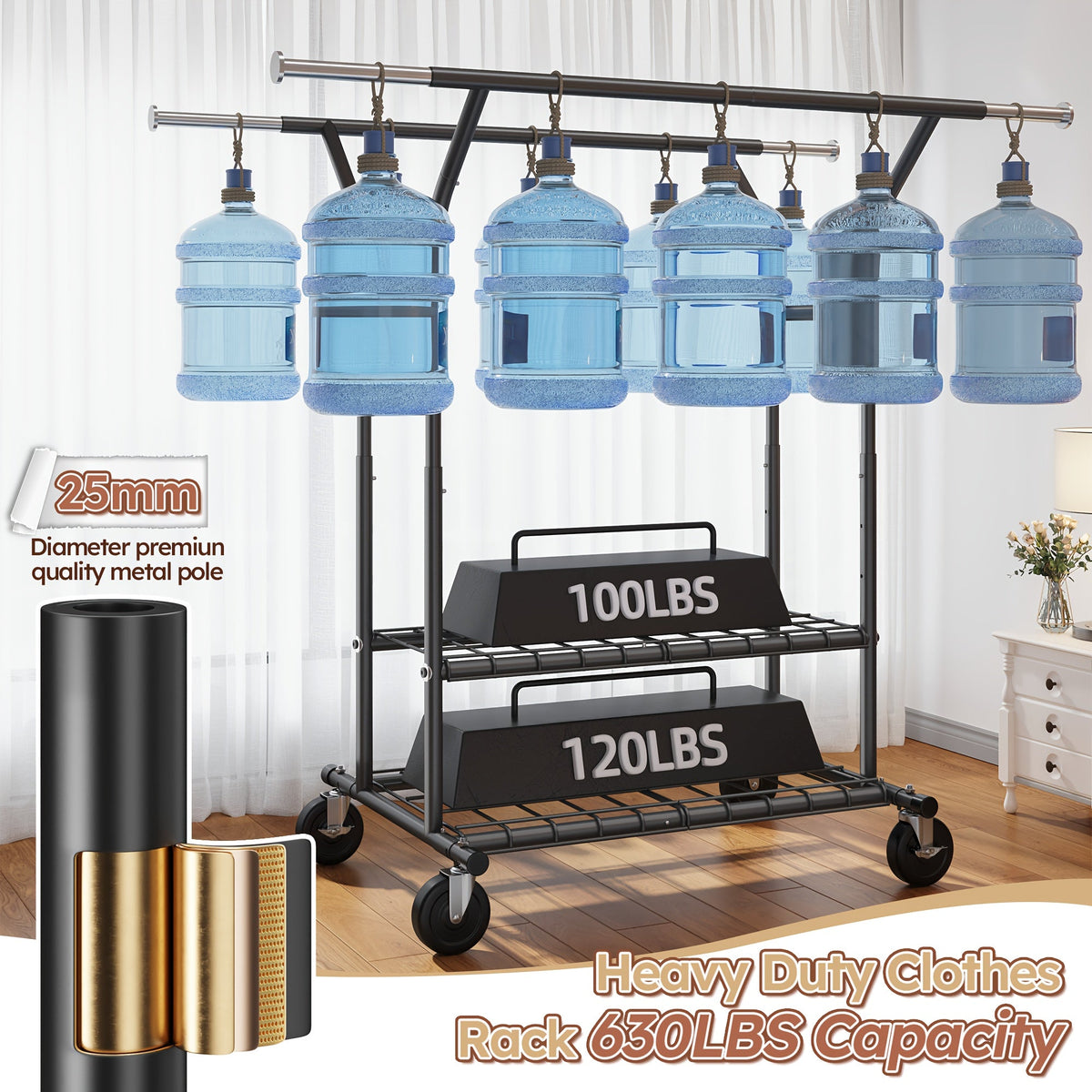 Raybee 74" Heavy Duty Clothes Rack w/ Wheels, Double Rod Adjustable Garment Rack 630LB