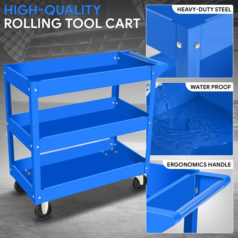 3-Tier Rolling Tool Cart, Industrial Steel Utility Storage