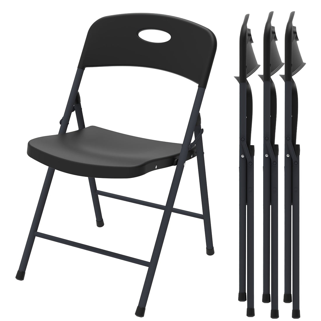 Set of heavy-duty white folding chairs with metal frames shown in a clean, minimalist setting.