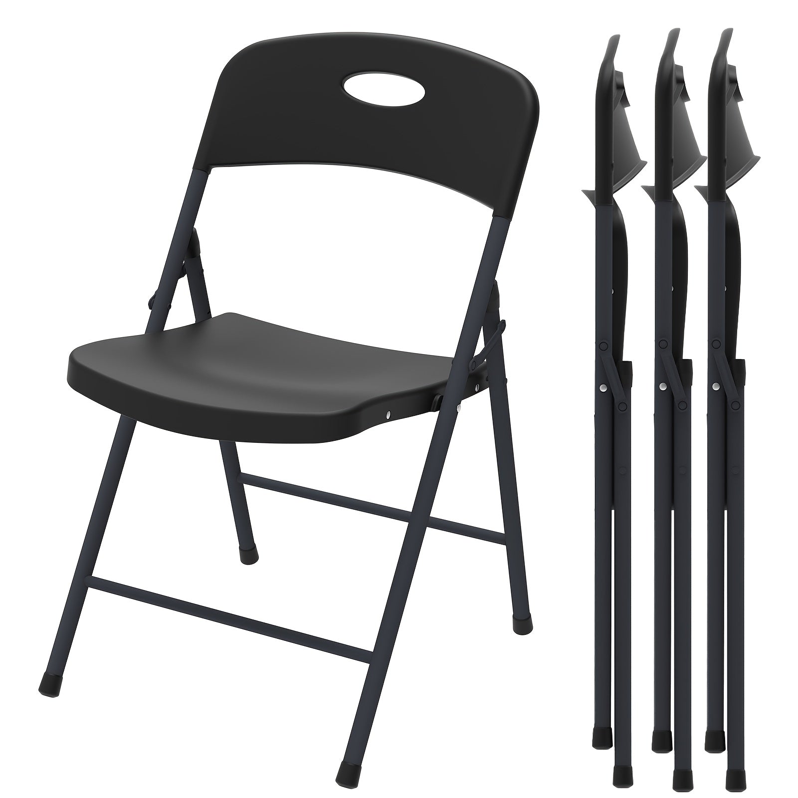 Set of heavy-duty white folding chairs with metal frames shown in a clean, minimalist setting.