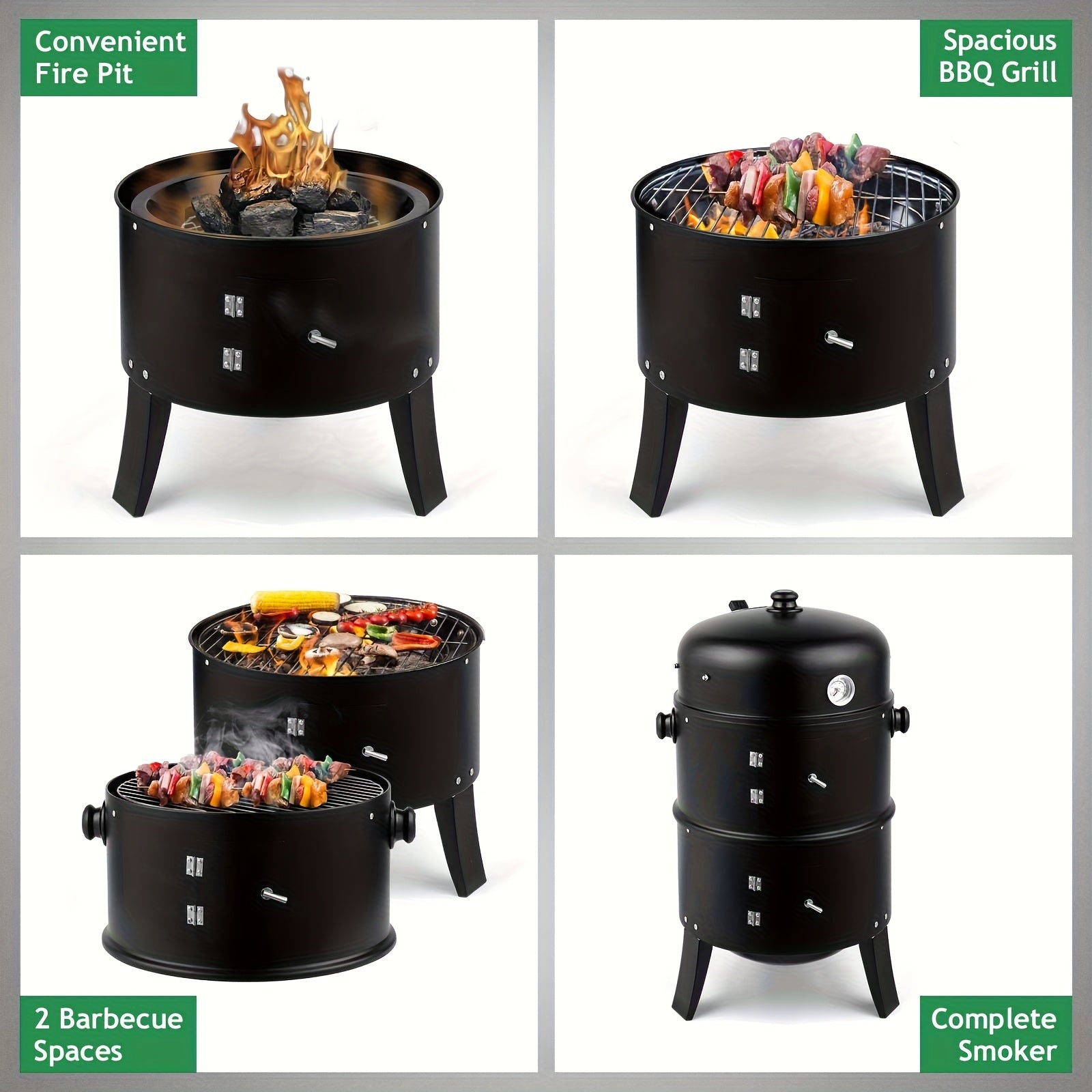 3-in-1 Portable Charcoal Smoker Grill and Outdoor BBQ Fire Pit