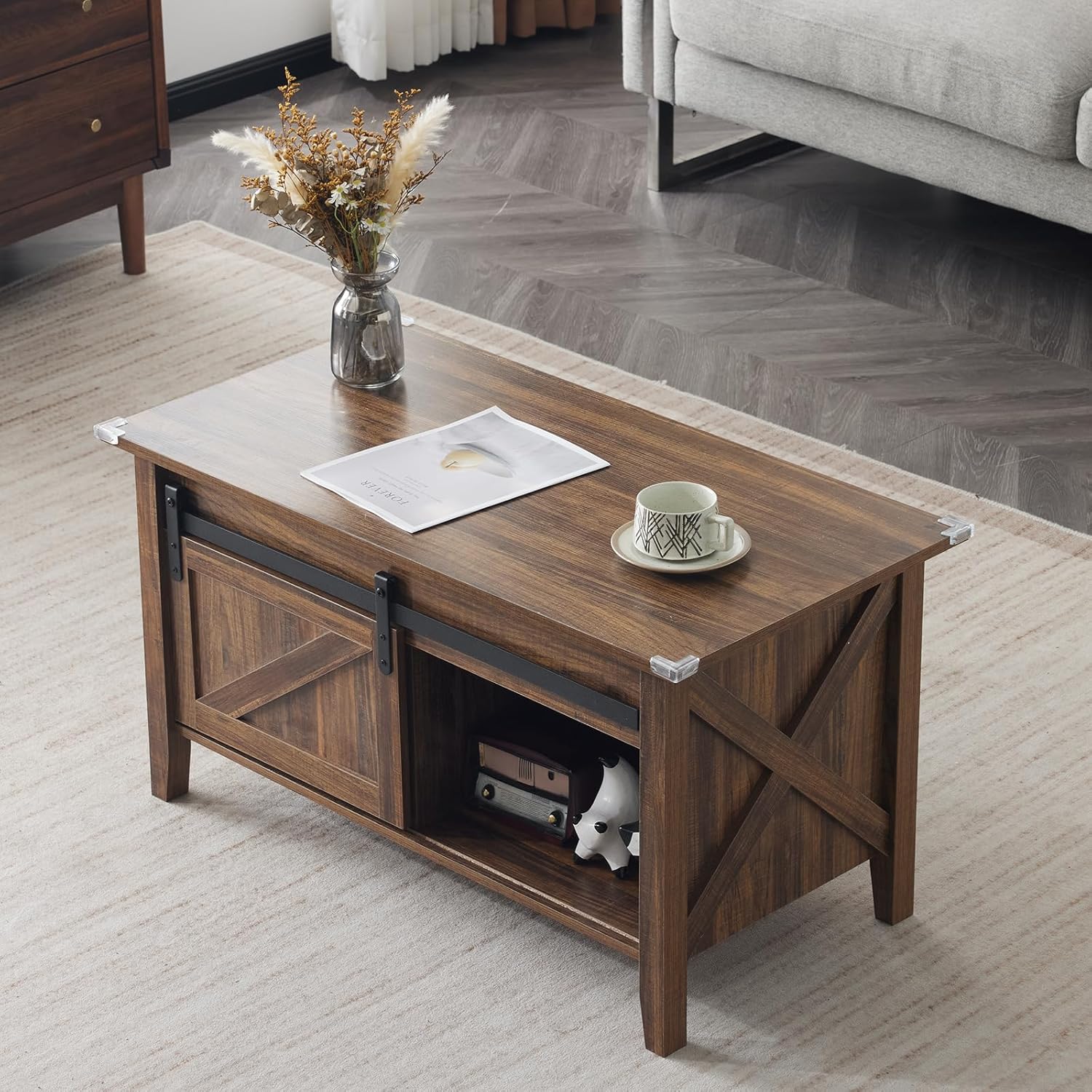 36-Inch Lift-Top Coffee Table with Hidden Storage and Sliding Barn
