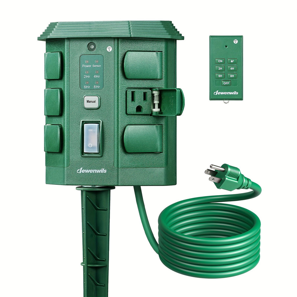 Outdoor Power Stake Timer w/ Remote, 6FT Cord, 6 Outlets, Dusk to Dawn Light Timer