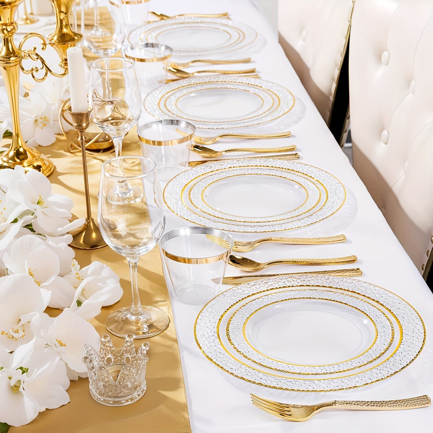50PCS Clear Plastic Dinnerware Set with Gold Accents for Parties