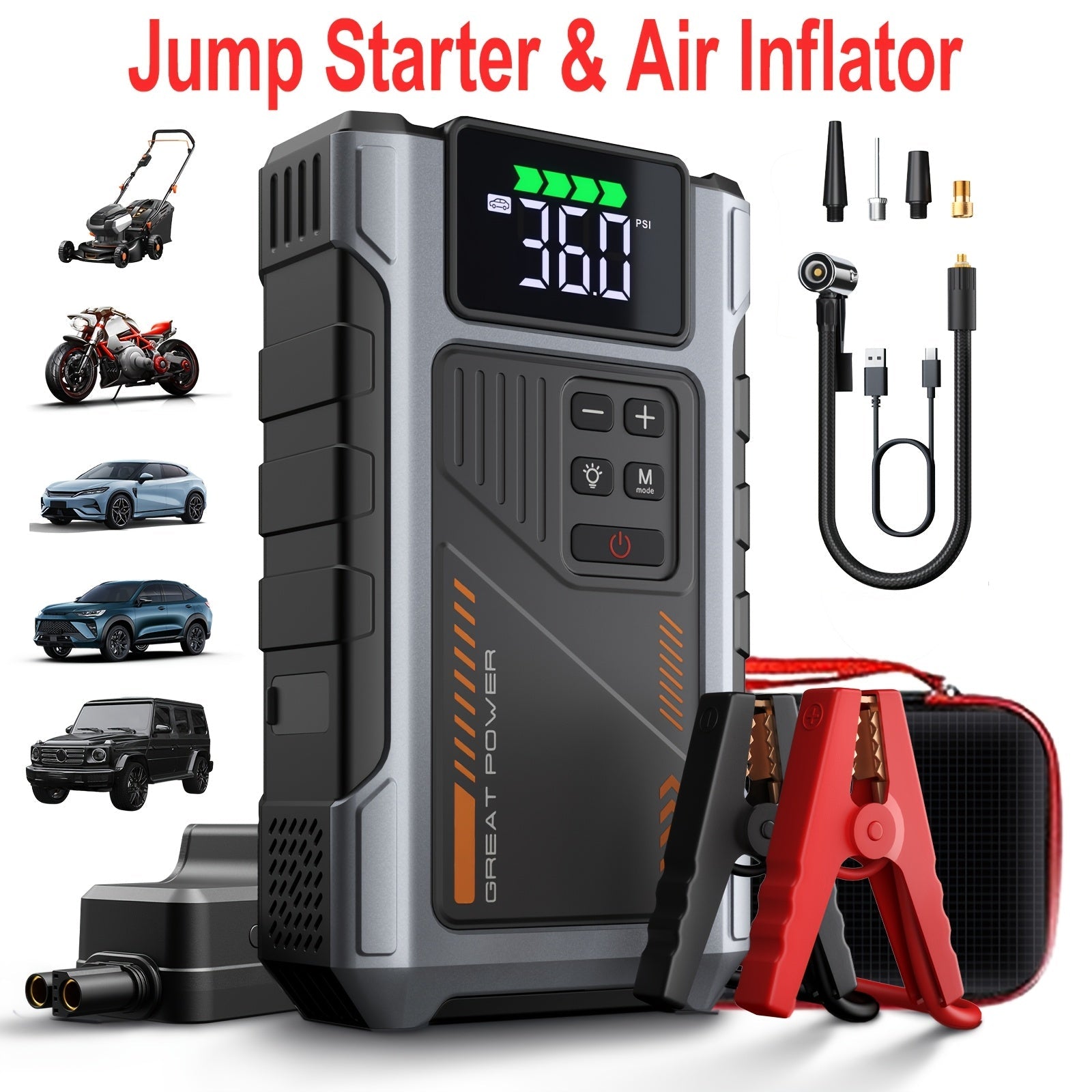 9-in-1 Portable Jump Starter and Air Compressor for 12V Vehicles