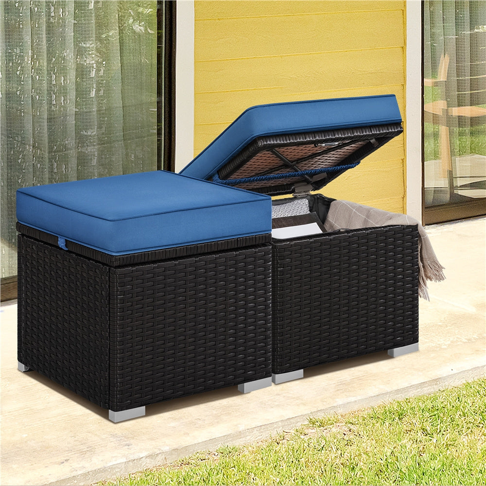 2-Piece Rattan Storage Ottoman Set with Cushions for Patio Garden